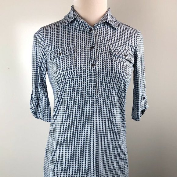 J. McLaughlin Stretch Shirt Dress Blue White Print Women's Size Medium H11478